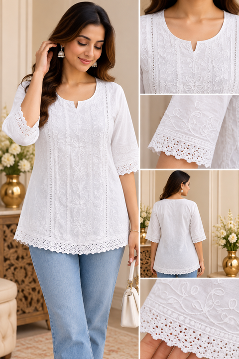 White Lucknowi Chikankari Short Kurti – Beautiful loose-fit short kurti with delicate Chikankari embroidery and lace detailing. Comfortable, elegant and easy to wear.Slight variation in design is possible.