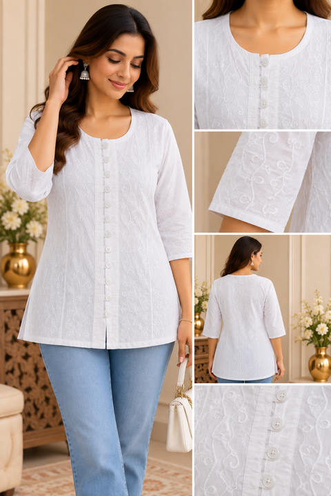 White Lucknowi Chikankari Short Kurti – Beautiful loose-fit short kurti with delicate Chikankari embroidery and lace detailing. Comfortable, elegant and easy to wear.Slight variation in design is possible.