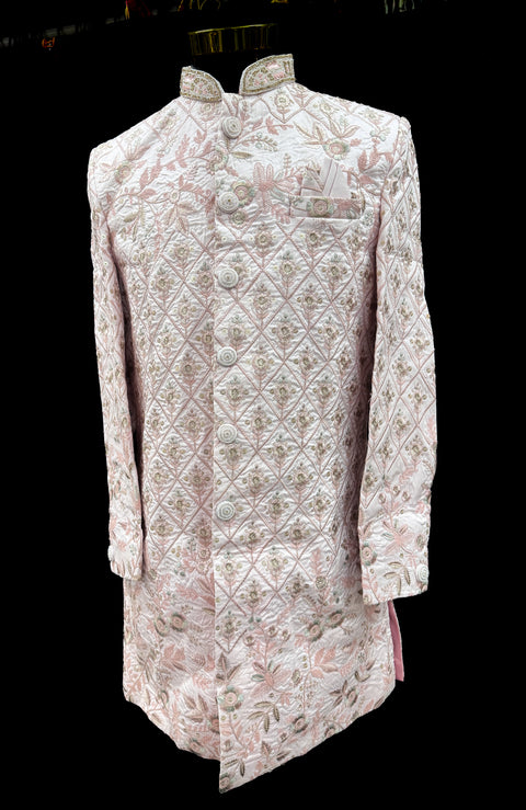 (Video clip attached )Pastel Pink color heavy embroidery work all over with hand work pearl beaded neck, buttons and sleeves design Sherwani and Pants