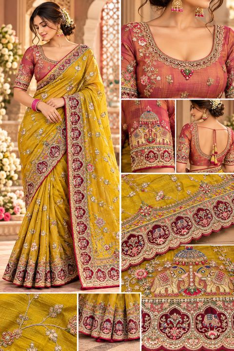 Beautiful shimmery silk saree featuring heavy embroidery, handwork & stone detailing, paired with a contrast embroidered blouse piece. Model blouse is for reference only; blouse piece is attached with saree. Slight variation in colour/design may occur