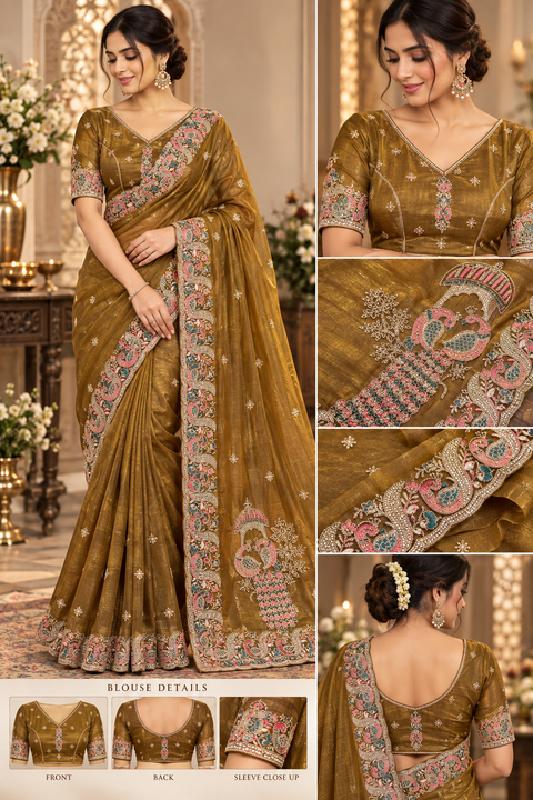 Soft Shimmer Georgette Saree with a lightweight, graceful fall,elegant peacock embroidery, delicate handwork and a beautifully detailed border. Attached blouse piece included; model blouse is for reference .Slight variation in color & design may occur