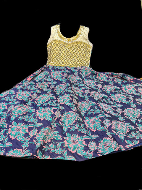 Stonework with Blue pink & Teal  colour beautiful brocade silk print gown