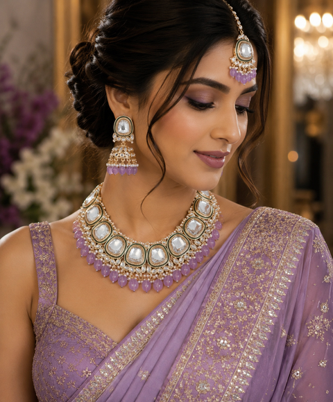 Uncut Kundan studded & pearls work designer heavy work Necklace set with beautiful Earrings & Tikka