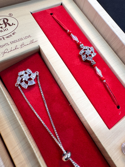 AD stone Work Bhai Bhabhi Rakhi in nice pack gift box with Mishri, Sindoor, Rice, Chandan