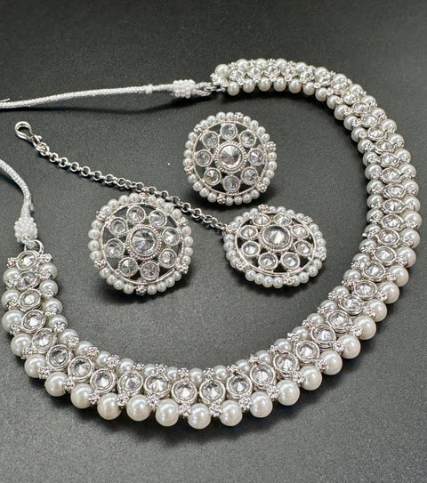 Kundan And Pearls Work Beautiful Necklace Set With studs & Tikka