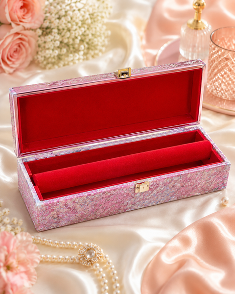 Beautiful shimmering pink bangle box with a glittery floral finish, metallic detailing, and a soft red velvet interior. Perfect for keeping your bangles organised, safe, and beautifully displayed.
