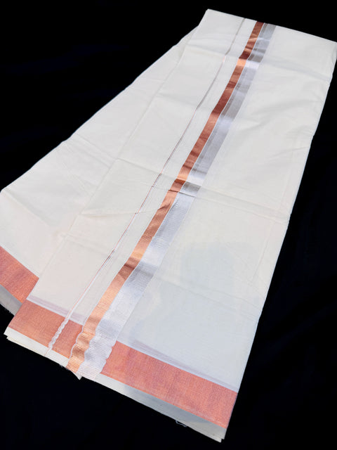 Rose gold design Woven Cotton Kerala Mundu / Dhoti in Off White ( 4 mtrs )