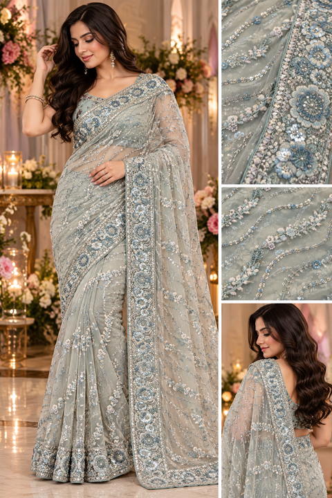 Heavy Embroidered Net Saree Beautiful net saree with all-over floral embroidery, sequin work & a rich heavy border.Blouse shown is for reference only; actual blouse piece is attached with the saree. Slight variation in colour/design possible.