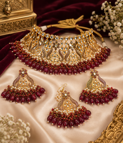 Dark Maroon colour Beautiful meenakari work with Dark MAroon pearls with Kundan Stones necklace set(slight variation in color and design is possible)