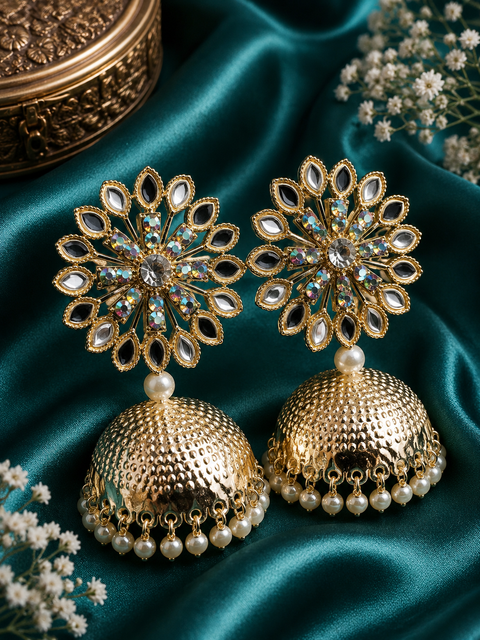 Lite Golden color Pearls & Stone Design Beautiful Jhumka very lite weight