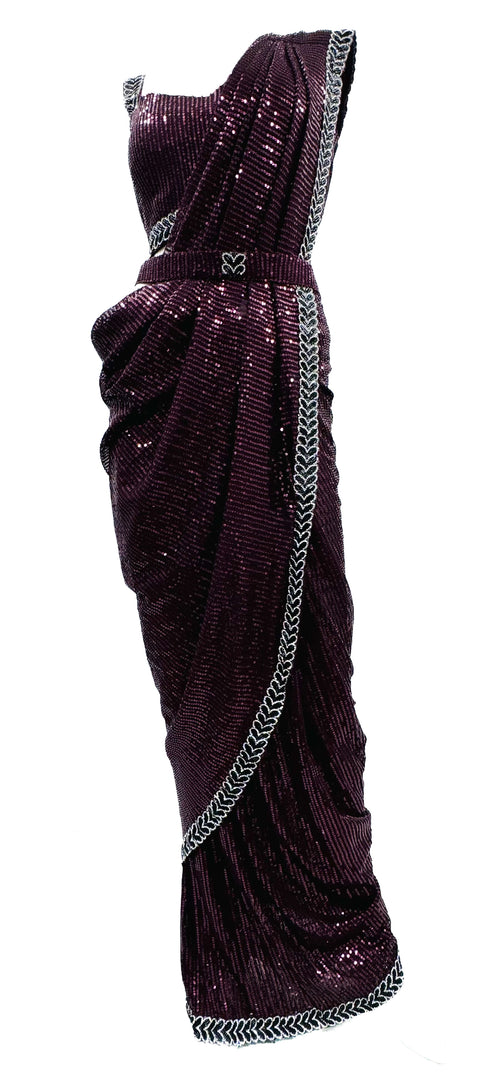 Size 40 (Upto 42) Sequinned work designer readymade blouse with handwork border and Readymade sequined work Saree with handwork border and designer waist belt with Designer sequined work Jacket