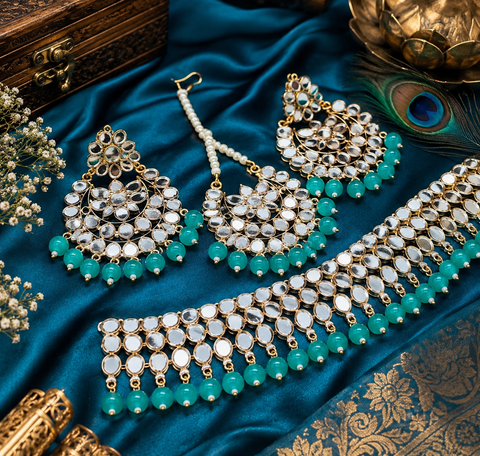 Pearls With mirror Work Necklace Set With Earrings & Tikka
