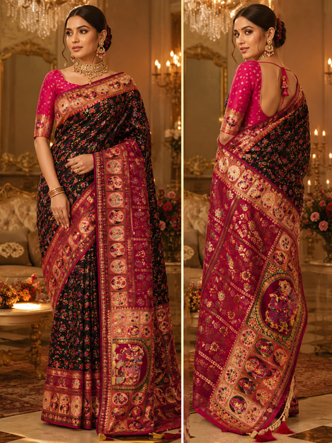 Kashmiri Kalamkari Inspired Soft Silk Saree with vibrant multicolour weaving and an elegant contrast pallu for a rich, timeless look.Blouse piece attached. Model image for reference only. Slight variation in colour and design may occur.