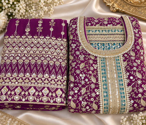 Elegant Chanderi Silk suit featuring all-over heavy embroidery and mirror work with a beautifully detailed neckline. Paired with a heavily embroidered palazzo and a gorgeous matching dupatta .Slight variation may ofcolour & design is possible