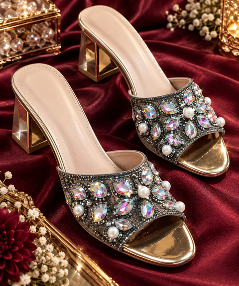 Grey Black Embellished Block Heel Mules – elegant slip-on heels featuring sparkling stonework, pearl detailing and a comfortable block heel. Perfect for weddings, parties and festive wear.