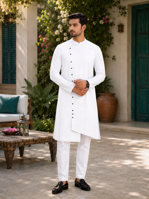 White colour cotton linen based side cut style kurta with pants  (slight variation in color & design is possible)