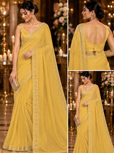 Shimmery Jimmy Choo Style Saree with a delicate handwork border and graceful flowy drape. Comes with a matching blouse piece; the blouse worn by the model is for reference purposes only. Slight variation in color and design may occur.
