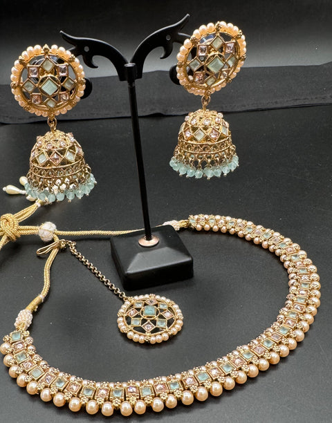 Kundan And Pearls Work Beautiful Necklace Set With Jhumka & Tikka