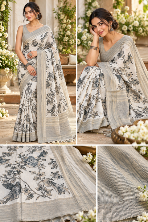 Ivory Chanderi Silk Saree with floral & bird patterns and a subtle zari border. Lightweight and elegant. Model blouse for reference only; blouse piece attached. Slight variation possible.