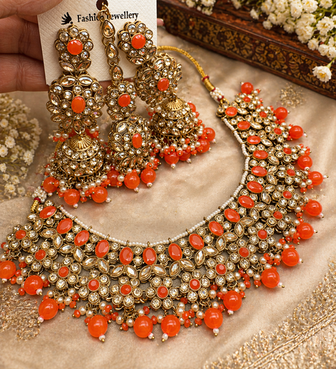 Polki stone with pearls beaded work beautiful necklace with jhumka and tikka set