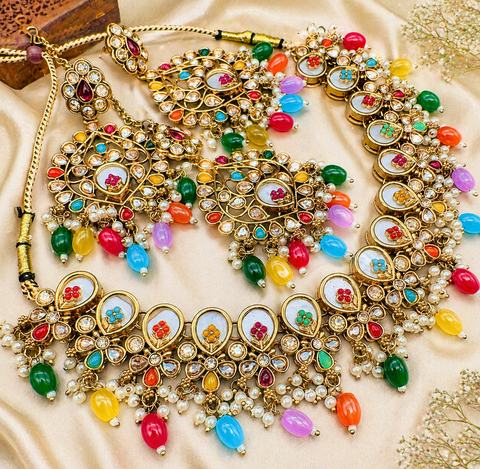 Original Polki stone with pearls beaded work beautiful necklace with earrings and tikka set