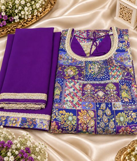 Silk-blend patchwork kameez with mirror & stone work, paired with a flowy circular palazzo and plain georgette dupatta with golden border. Slight variation in colour/design possible