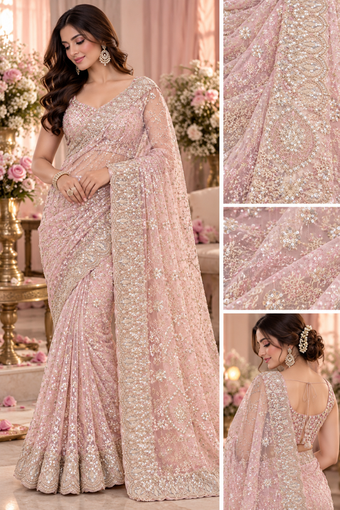 Heavy Embroidered Net Saree – Elegant sheer net saree with all-over embroidery, sequin detailing and a rich heavy border.Blouse shown is for reference only; actual blouse piece is attached with the saree. Slight variation in colour/design possible.