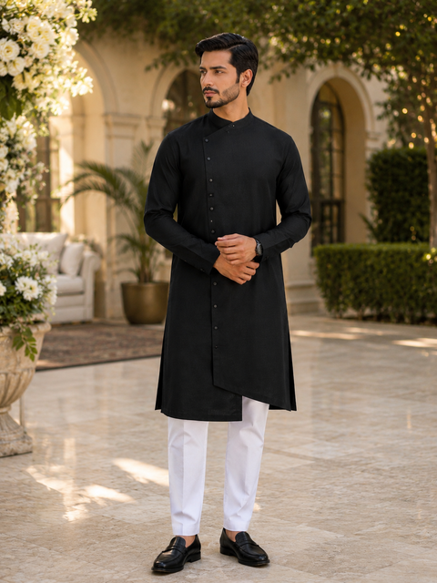 Black colour cotton linen based side cut style kurta with pants  (slight variation in color & design is possible)