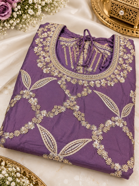 Heavy handwork & shiny stone work kameez with loose circular plazo and beautiful dupatta. Includes approximately 2-inch margin on both sides for size expansion. Slight variation in colour and design is possible
