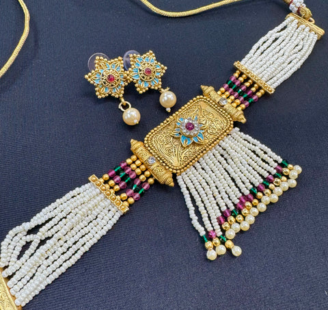 Mat look antique gold traditional choker set with meenakari work