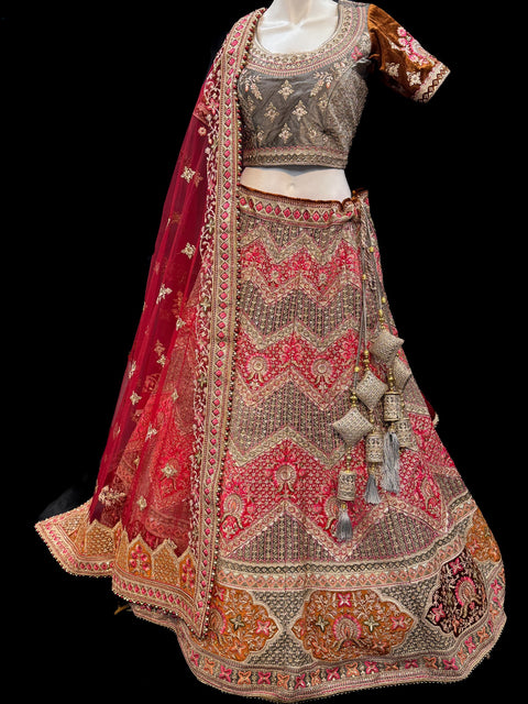 (Video Clip attached)size 40 (upto 44) Velvet based hand work with stones work two toned design Heavy Ken ken Bridal designer lehnga with heavy handwork blouse with netting heavy work dupatta and heavy latkans