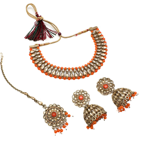 Golden stone with pearls studded simple Necklace with beautiful Jhumka & Tikka set
