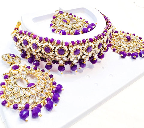 Pearls beaded with Kundan stone beautiful choker necklace with Earrings & Tikka