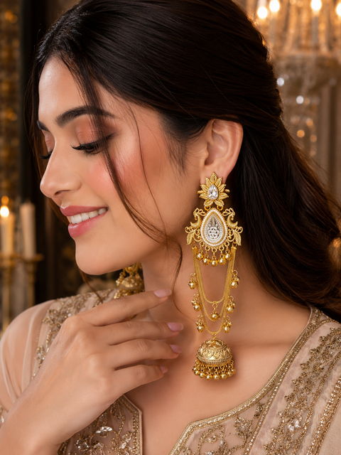 Royal Kashmiri earrings crafted with delicate patterns and cascading jhumki charms for timeless elegance 
(slight variation in color and design is possible )