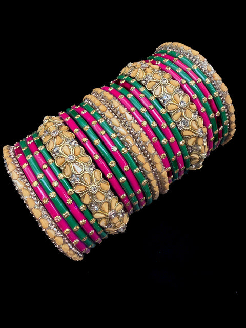 Green & Hot Pink Glass bangles with golden brass bangles set (displayed picture is for both hands set) price is for whole set displayed in picture)