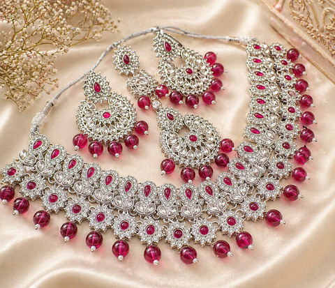 Hot Pink & Silver Jerkan stone with pearls beaded work beautiful necklace with jhumka and tikka set