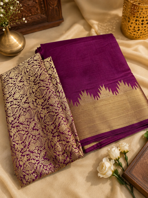 Plain Saree with Rich Zari Border and Contrast Blouse Piece (Separate). Model image is for reference only. Slight variation in color and design may occur.