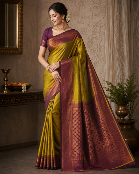 Premium South Silk Saree with rich zari weaving and contrast woven pallu. featuring elegant dual-tone shades.Model-worn blouse is for reference only. Unstitched blouse piece is attached with saree(slight variation in color & design is possible)