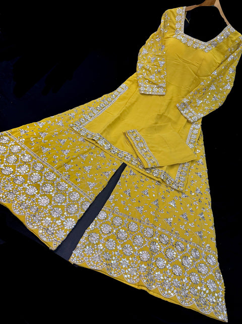 (Video clip attached) Yellow color Georgette based sequined and embroidery work kameez with sharara pants and Georgette dupatta
