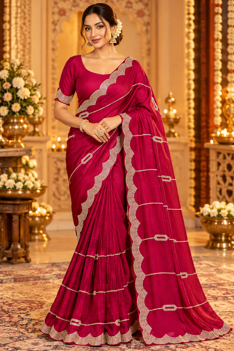 Soft Shiny Georgette Saree with a beautiful flowy drape, elegant stonework lines and a rich scalloped stone border. Attached blouse piece included; model blouse is for reference only. Slight variation in colour and design is possible.
