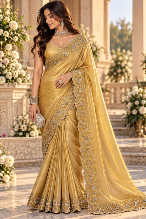 Two-Tone Tissue Silk Saree with a beautiful gold sheen and elegant handcrafted border detailing. Comes with an attached blouse piece; blouse worn by the model is for reference only. Slight variation in colour and design is possible.