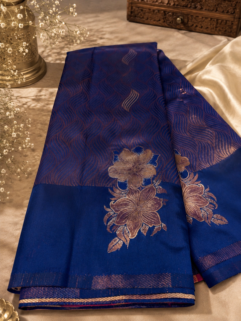 Premium South Silk Saree With Rich Zari Weaving And Contrast Woven Pallu. Featuring Elegant Dual-Tone Shades.Model-Worn Blouse Is For Reference Only. Unstitched Blouse Piece Is Attached With Saree(Slight Variation In Color & Design Is Possible)