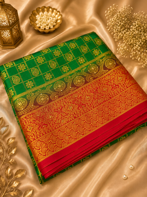 Elegant Art Silk Saree adorned with delicate zari-woven butis, a rich pallu and graceful tassel detailin,Comes with an unstitched running blouse piece attached to the saree (slight variation in color and design is possible