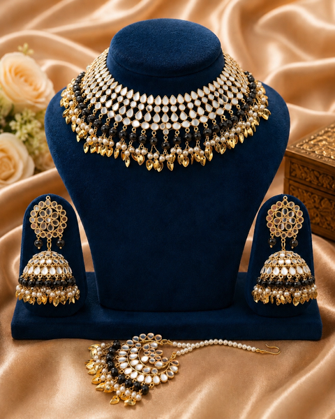 Pearls with original mirror work necklace set with Jhumka & tikka