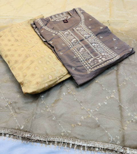 Silk based embroidery & sequined work designer kameez with brocade silk based salwar and georgette based two shades dupatta