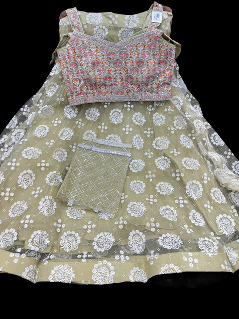 Stones and mirror work designer Blouse with netting shimmer work  design heavy flared lehnga and netting dupatta