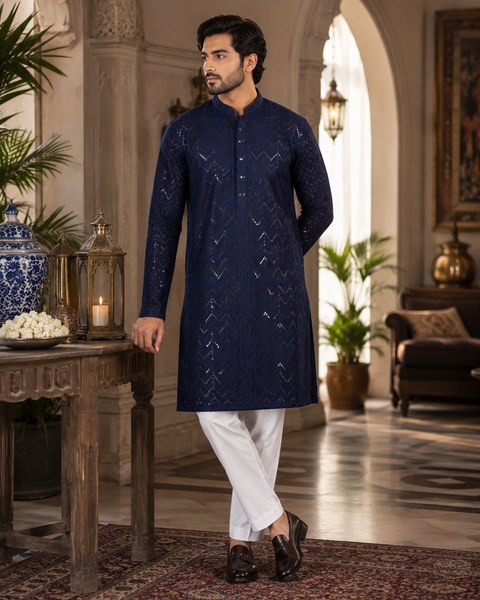 Pure Rayon Based Beautiful heavy Embroidery Work At Front And Back With Sequins Work Designer Kurta & White Pants (slight variation in color and design is possible)