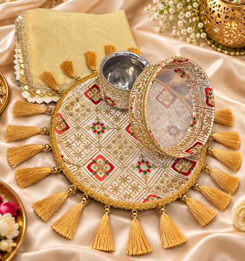 Beautiful Karwa Chauth Thali Set with traditional red-gold motifs, pearl detailing and golden tassels, including matching thali, channi, kalash and cover cloth. Slight variation in colour and design is possible.