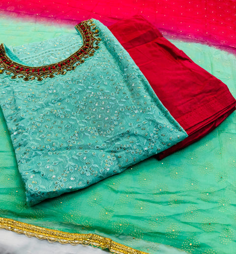 Silk based mirror handwork with embroidery & sequined work designer kameez with salwar and georgette based dupatta
