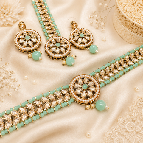 Beautiful pearls with stone beaded choker necklace with small studs and tikka